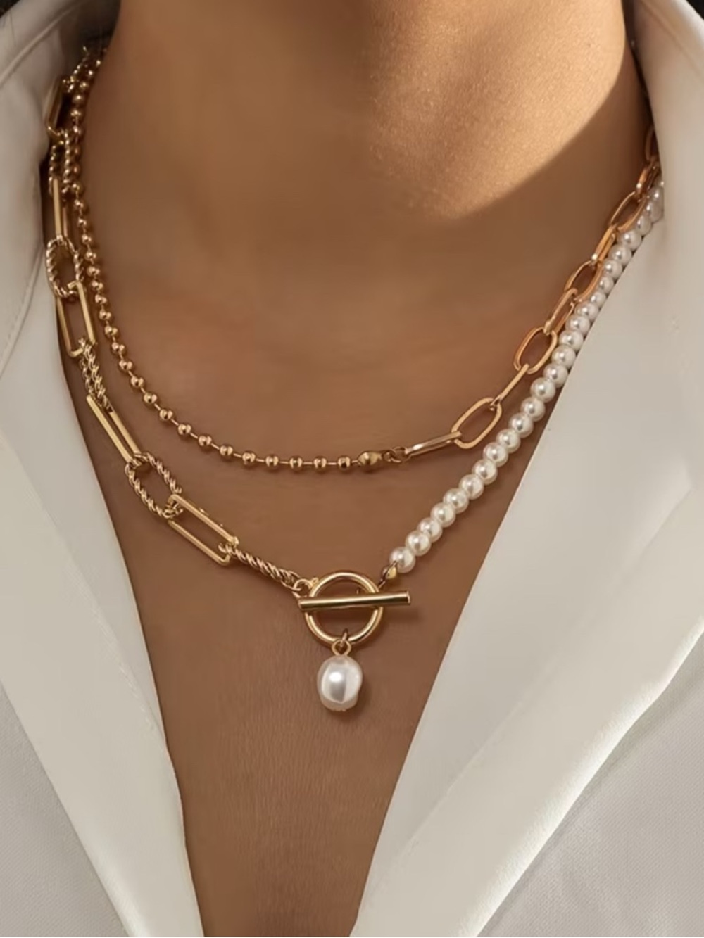 Gold Pearl Toggle Layered Necklace - Unbranded